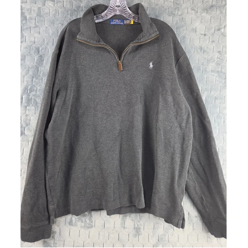 Polo Ralph Lauren Mens XL Quarter Zip Pullover Charcoal Grey Cotton Sweater Logo